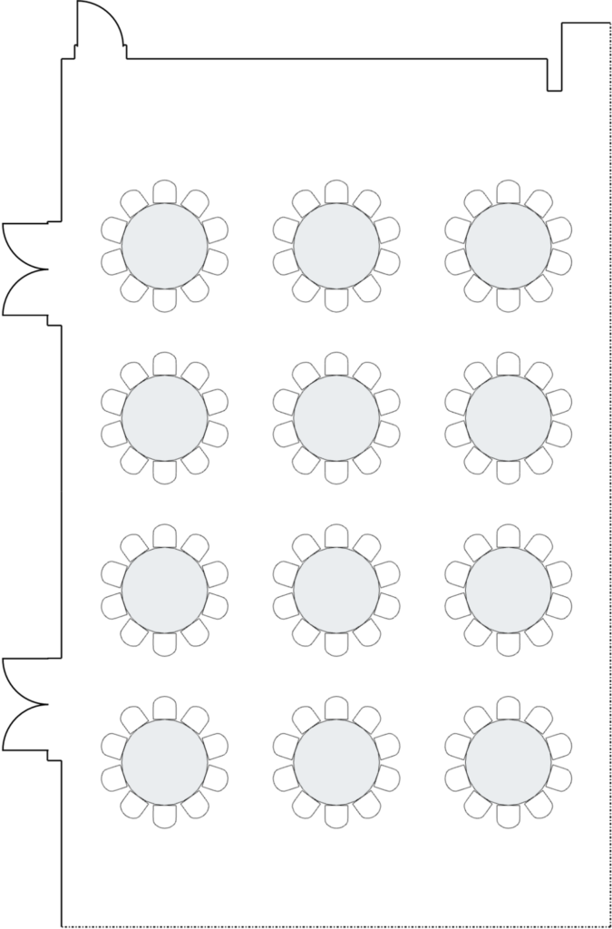 Room layout with circular tables and chairs.