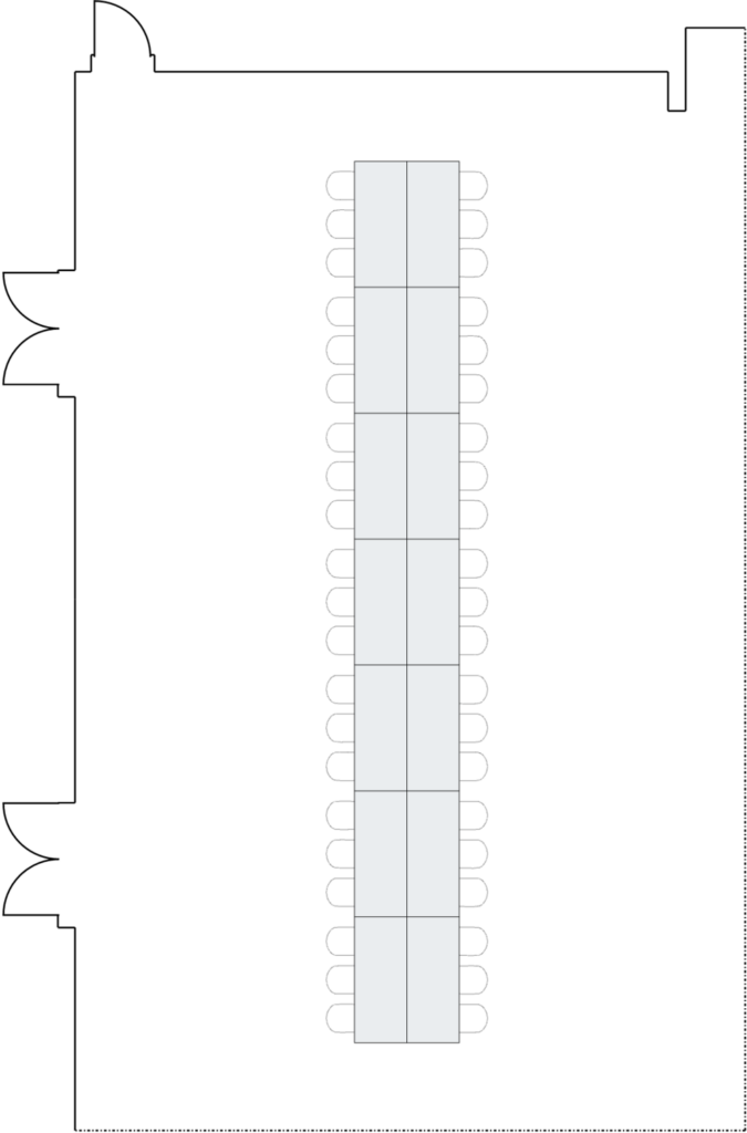 Classroom-style seating in a compact room layout.