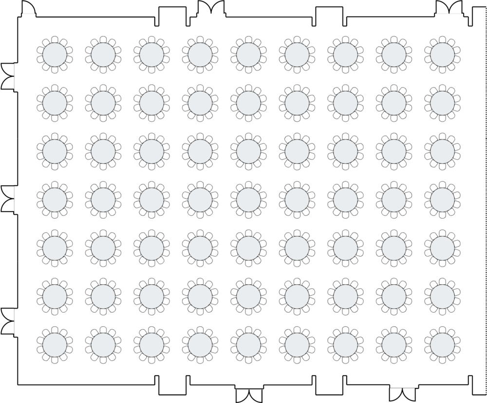 Room layout with numerous circular tables.