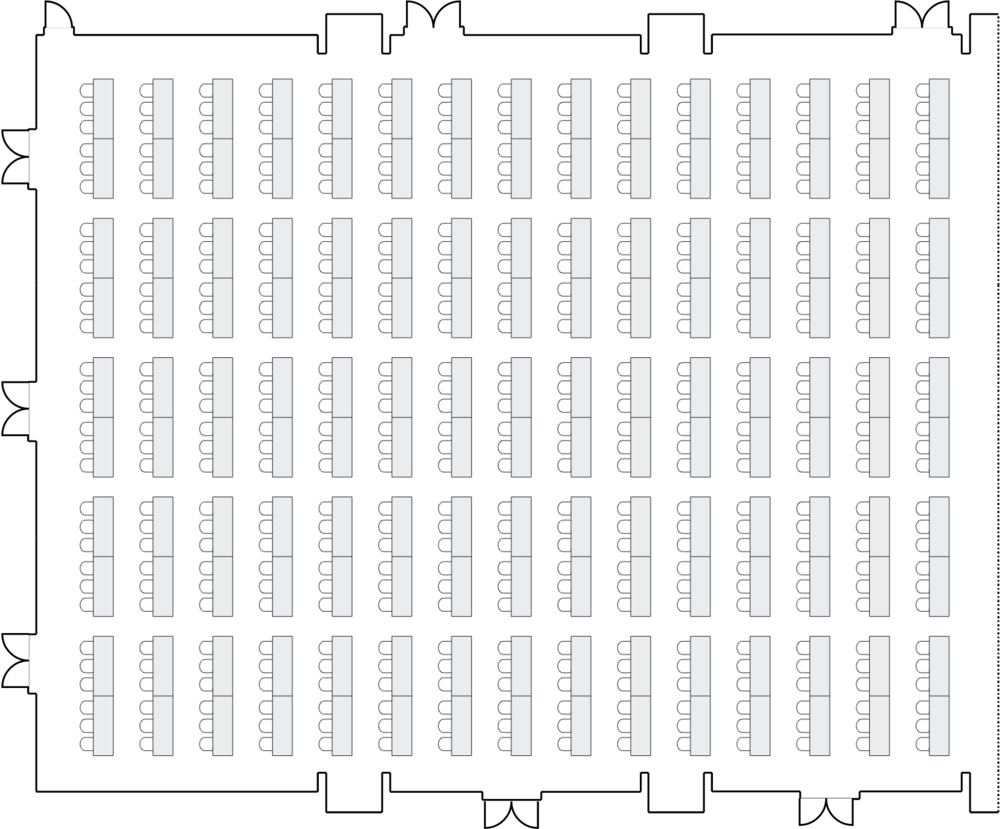 Room layout with rows of rectangular tables.