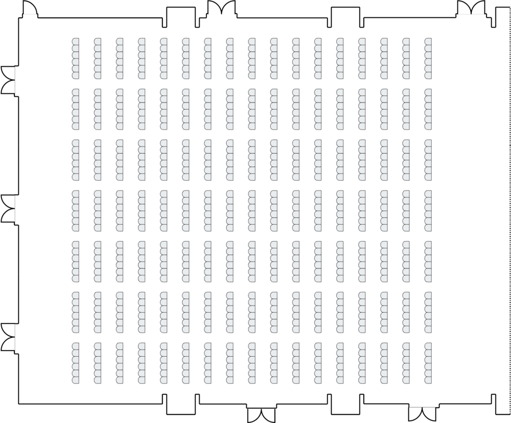 Room layout with rows of small chairs.