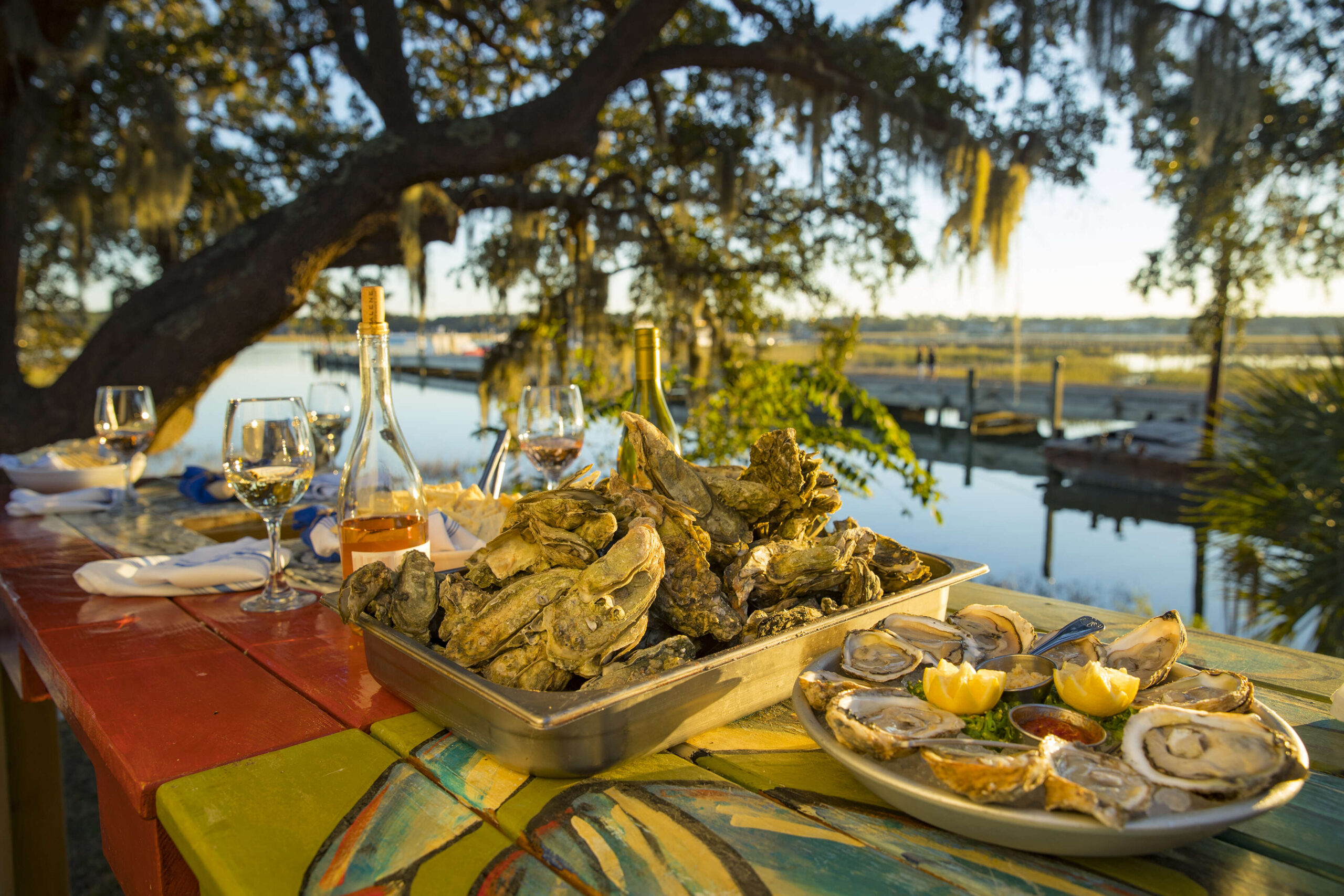 Fresh oysters served on colorful outdoor table.