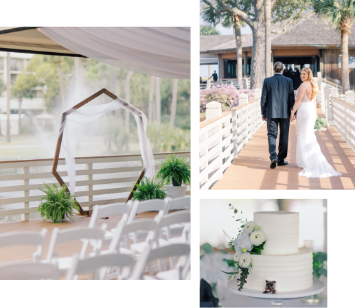 Wedding arch with greenery near a fountain.