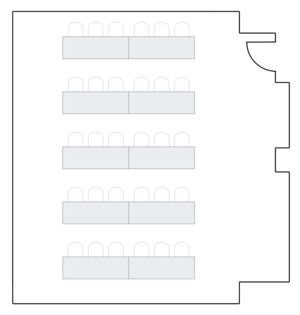 Meeting room layout with rows of rectangular tables.