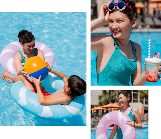 Kids playing in the pool with colorful floats.