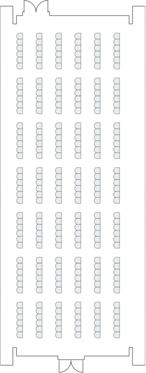 Extra-long hall with theater-style seating layout.