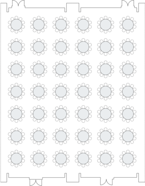 Banquet layout with numerous round tables.