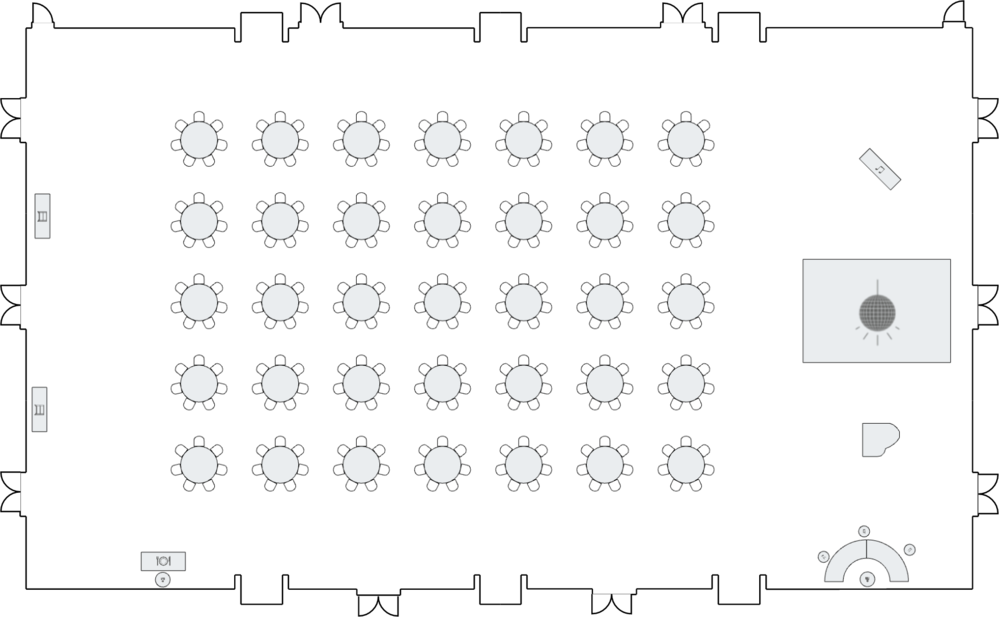 Ballroom layout with circular dining tables.