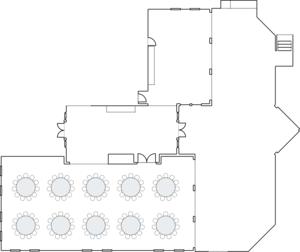 Banquet hall layout with round tables.