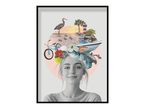 Artwork depicting a woman in an artistic hat, from "The Tapestry of Self Hilton Head Island.